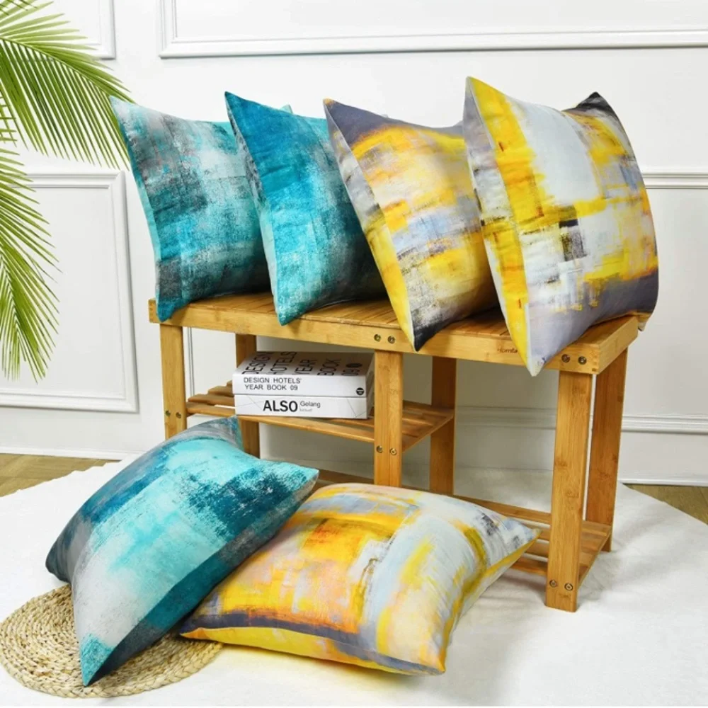 Luxury Home | Modern Aqua Teal & Grey Abstract Oil Painting Throw Pillow Covers